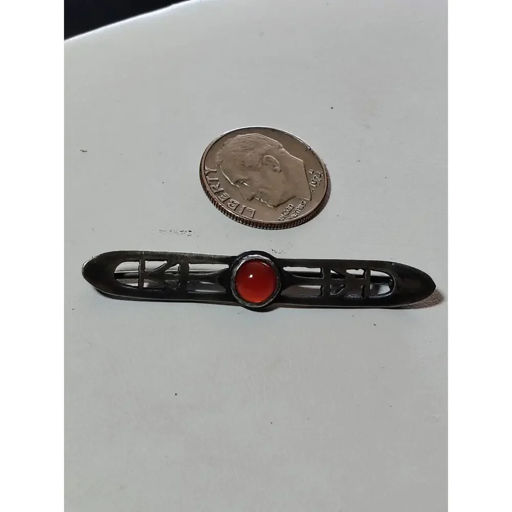 Vintage Sterling Silver Carnelian Arts & Crafts Openwork Bar Brooch Pin 925